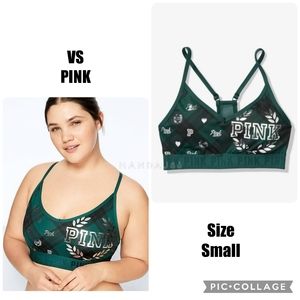 VS PINK Dark Ivy Green Plaid Silver Foil Shine Ultimate Sports Bra Top Small NEW